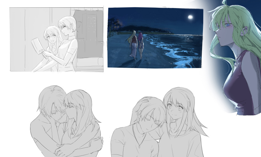 2girls absurdres beach black_shirt blonde_hair blue_eyes building closed_eyes closed_mouth commentary english_commentary hand_on_another's_face hand_on_another's_head highres horizon hug hug_from_behind jewelry kaleido_star layla_hamilton long_hair moon multiple_girls naegino_sora necklace night ocean open_mouth outdoors purple_hair rekari_(rekari628) shirt short_hair short_sleeves skirt smile yuri