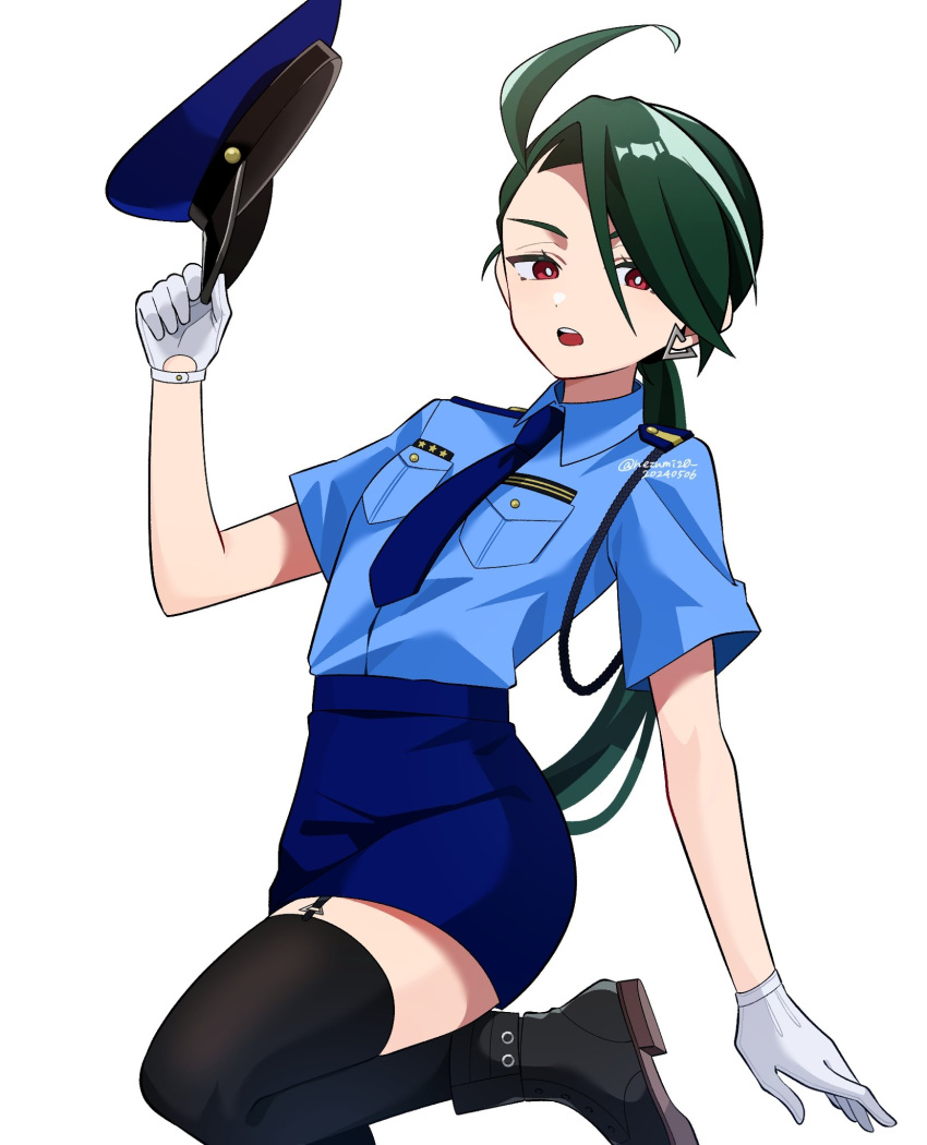 1girl ahoge androgynous artist_name black_thighhighs boots bright_pupils collared_shirt earrings garter_straps genjitsu_o_miro gloves green_hair hat highres jewelry long_hair looking_at_viewer necktie open_mouth pokemon pokemon_sv police police_hat police_uniform policewoman ponytail red_eyes reverse_trap rika_(pokemon) shirt skirt solo thigh-highs uniform white_background white_pupils zettai_ryouiki