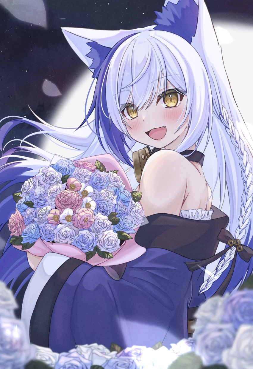 1girl :d absurdres animal_ear_fluff animal_ears anku aomiya_yozuri bare_shoulders blue_flower bouquet braid cat_ears cat_girl colored_tips fang flower goggles goggles_around_neck highres holding holding_bouquet long_hair long_sleeves looking_at_viewer multicolored_hair off_shoulder open_mouth pink_flower smile streaked_hair two-tone_hair vee_(vtuber) white_hair wide_sleeves yellow_eyes