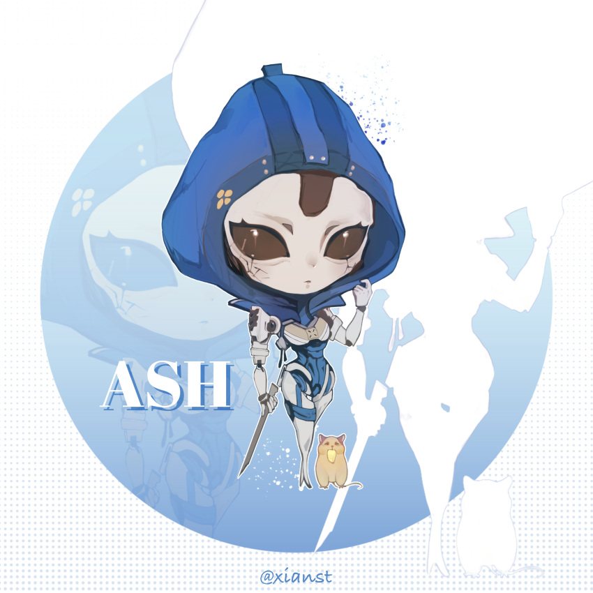 1girl android animification apex_legends ash's_rat_(apex_legends) ash_(titanfall_2) black_sclera blue_leotard character_name chibi chinese_commentary colored_sclera highres holding holding_sword holding_weapon hood hood_up hooded_leotard leotard looking_at_viewer mouse solo sword weapon white_eyes xianst zoom_layer