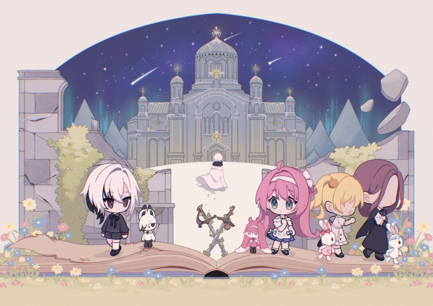 5girls aged_down ahoge arlecchino_(genshin_impact) aurora black_bow black_bowtie black_cape black_dress black_eyes black_footwear black_jacket black_shorts blonde_hair book bow bowtie brown_hair building cape chibi chibi_only child clervie_(genshin_impact) cloak crack cracked_wall crucabena_(genshin_impact) dress dual_persona expressionless eye_contact flower frilled_dress frills from_side fur-trimmed_cloak fur_trim genshin_impact hairband highres jacket kneehighs long_hair looking_at_another moss mountainous_horizon multicolored_hair multiple_girls night night_sky no_eyes open_book open_mouth outdoors pink_hair planted planted_sword red_pupils scenery shooting_star short_hair shorts sky snow socks stone_wall streaked_hair stuffed_animal stuffed_rabbit stuffed_toy sword two-tone_hair walking weapon white_background white_cloak white_dress white_flower white_hair white_hairband white_socks xerin_art