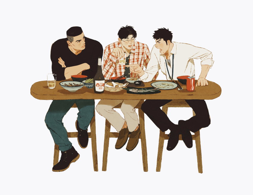 3boys akagi_takenori black_hair bowl brown_footwear brown_hair can chair chengongzi123 chopsticks closed_eyes collared_shirt crossed_arms cup drink_can food full_body glasses highres holding holding_cup kogure_kiminobu lanyard long_sleeves looking_at_another male_focus mitsui_hisashi multiple_boys open_mouth orange_shirt plaid plaid_shirt plate pointing pointing_at_another rimless_eyewear scar scar_on_face shirt short_hair simple_background sitting slam_dunk_(series) soda_can table thick_lips undercut very_short_hair white_background