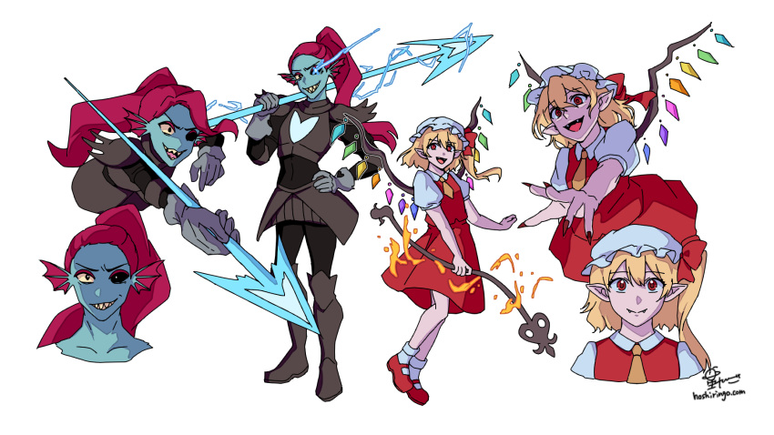 2girls ascot blonde_hair cowboy_shot dress eyepatch fish_girl flandre_scarlet full_body hat hat_ribbon highres holding holding_polearm holding_weapon hoshiringo0902 laevatein_(touhou) long_hair mary_janes mob_cap multiple_girls open_mouth polearm red_dress red_ribbon redhead ribbon shoes side_ponytail simple_background spear touhou undertale undyne upper_body weapon white_background yellow_ascot