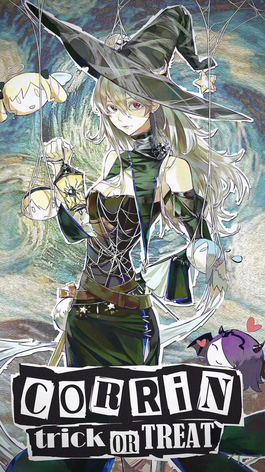 1girl alternate_breast_size aqua_hair azura_(fire_emblem) bare_shoulders belt black_capelet black_dress black_hat blonde_hair breasts bug camilla_(fire_emblem) capelet character_name commentary corrin_(female)_(fire_emblem) corrin_(female)_(halloween)_(fire_emblem) corrin_(fire_emblem) crescent detached_sleeves dress elise_(fire_emblem) english_text fire_emblem fire_emblem_fates fire_emblem_heroes grey_hair halloween halloween_costume halo hat heart highres holding holding_lantern lantern leo_(fire_emblem_fates) lkppp long_hair looking_at_viewer official_alternate_costume parted_lips partially_shaded_face purple_hair red_eyes shaded_face silk sleeves_past_fingers sleeves_past_wrists small_breasts spider spider_web symbol-only_commentary upper_body witch witch_hat xander_(fire_emblem)
