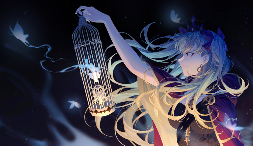 1girl absurdres blonde_hair bow breasts cage cloak dress earrings erchongbaojun ereshkigal_(fate) fate/grand_order fate_(series) hair_bow hair_ribbon highres holding holding_cage hoop_earrings infinity_symbol jewelry long_hair medium_breasts parted_bangs red_cloak red_eyes red_ribbon ribbon skull skull_ornament solo spine tiara two-sided_cloak two-sided_fabric two_side_up upper_body yellow_cloak