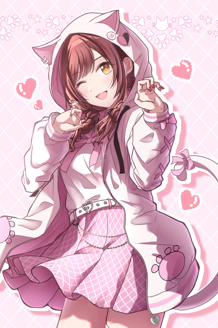 1girl ;d absurdres animal_ears animal_hood belt blush braid cat_ears cat_hood citrusmikan highres hood hood_up hoodie idolmaster idolmaster_shiny_colors long_hair long_sleeves looking_at_viewer nail_polish official_alternate_costume official_alternate_hairstyle one_eye_closed open_mouth osaki_amana pin pink_skirt pleated_skirt redhead skirt smile solo standing swept_bangs twin_braids white_belt white_hoodie yellow_eyes