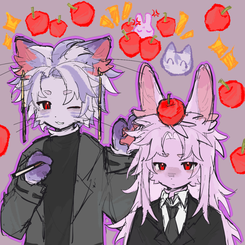 2boys animal_ear_piercing animal_ears apple apple_on_head black_jacket black_necktie black_shirt cat_boy cat_ears chinese_commentary cigarette closed_mouth collared_shirt commentary_request daixiaoduo17769 food fruit furrification furry furry_male hatsutori_hajime holding holding_cigarette jacket long_hair long_sleeves male_focus multiple_boys necktie one_eye_closed open_clothes open_jacket parted_bangs pink_fur purple_background purple_fur rabbit_boy rabbit_ears red_eyes saibou_shinkyoku shirt short_hair smile theodore_riddle upper_body whiskers white_shirt