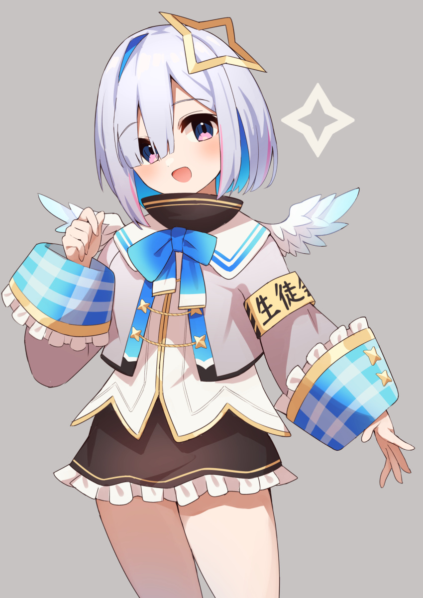 1girl amane_kanata amane_kanata_(1st_costume) angel_wings armband asymmetrical_bangs asymmetrical_hair black_skirt blue_bow blue_bowtie blue_hair blue_wings blush bob_cut bow bowtie colored_inner_hair commentary cowboy_shot cropped_jacket feathered_wings fragir frilled_skirt frills gradient_wings grey_background grey_hair grey_jacket hair_over_one_eye halo hand_up highres hololive jacket long_sleeves looking_at_viewer mini_wings miniskirt multicolored_hair multicolored_wings open_mouth pink_hair sailor_collar shirt short_hair simple_background single_hair_intake skirt sleeve_cuffs smile solo standing star_halo streaked_hair turtleneck violet_eyes virtual_youtuber white_shirt white_wings wide_sleeves wings yellow_halo
