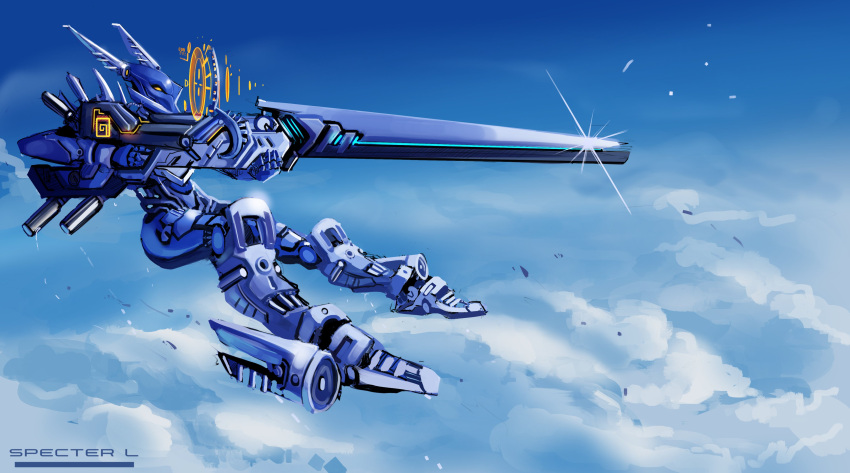 absurdres artist_name bionicle clouds english_commentary flying from_side gali_(bionicle) glint gun highres holding holding_gun holding_weapon holographic_interface mecha mechanization orange_eyes robot science_fiction sky specter_l the_lego_group weapon