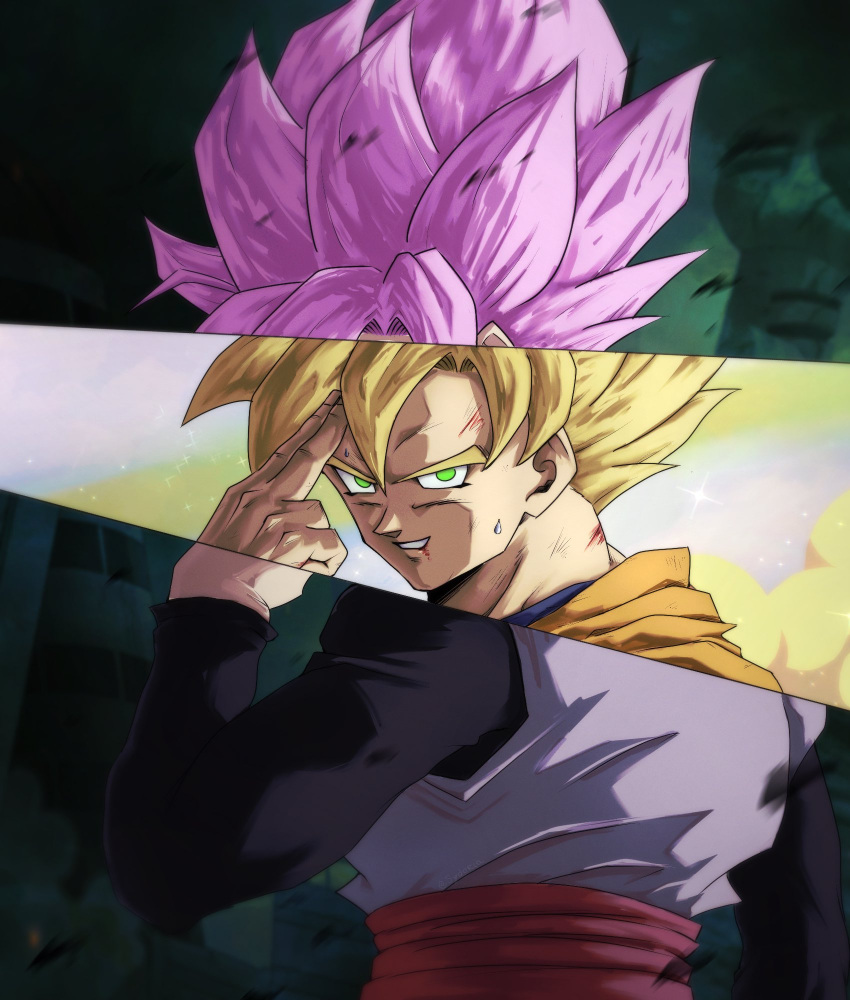 2boys black_shirt blonde_hair blood blood_stain clouds cloudy_sky commentary debris dougi dragon_ball dragon_ball_super dragon_ball_z dragon_ball_z_dokkan_battle fingers_to_head gameplay_mechanics goku_black green_cloud green_eyes green_sky grey_shirt grin highres inset instant_transmission looking_at_viewer male_focus multiple_boys orange_shirt overlapped_images pink_hair red_sash sash scuffed shirt sky smile son_goku spiky_hair super_saiyan super_saiyan_1 super_saiyan_rose sweatdrop sydoria upper_body yellow_clouds