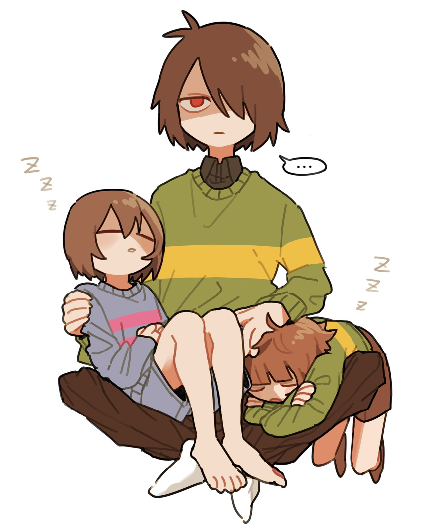 ... 3others :| =_= absurdres androgynous antenna_hair barefoot blue_sweater blunt_bangs brown_hair brown_pants brown_shorts chara_(undertale) child closed_eyes closed_mouth crossed_arms deltarune frisk_(undertale) full_body green_sweater hair_over_one_eye hand_on_another's_head height_difference highres in-franchise_crossover kris_(deltarune) long_sleeves looking_at_viewer multiple_others one_eye_covered open_mouth other_focus pants red_eyes shaded_face short_hair shorts simple_background sitting sitting_on_lap sitting_on_person sleeping spoken_ellipsis sweater tadeno undertale white_background zzz