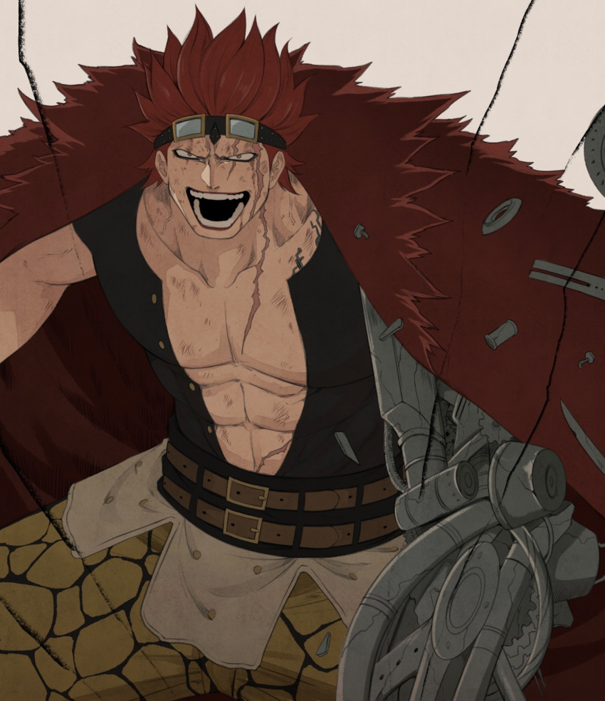 1boy abs bake_ryori coat collarbone commentary_request eustass_kid fur_coat goggles goggles_on_head highres male_focus mechanical_arms one_piece open_mouth redhead scar scar_across_eye scar_on_face short_hair single_mechanical_arm smile solo spiky_hair teeth