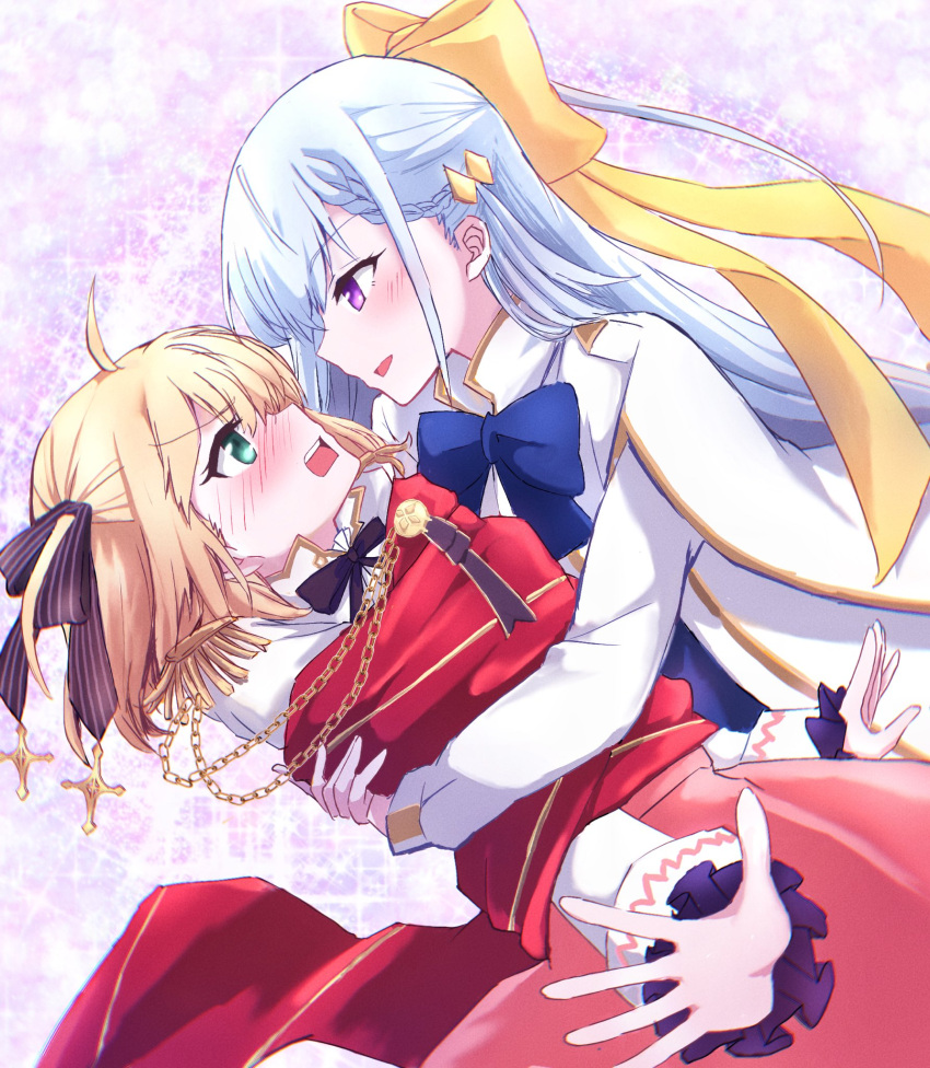 2girls ahoge aiguillette anisphia_wynn_palettia black_ribbon blonde_hair blue_bow blue_bowtie blush bound bound_arms bow bowtie chinese_commentary coat commentary_request epaulettes euphyllia_magenta eye_contact green_eyes grey_hair hair_ribbon highres hug jacket long_hair long_sleeves looking_at_another medium_hair multiple_girls neck_ribbon open_mouth parted_lips pink_skirt qqwan120 ribbon skirt smile sparkle tensei_oujo_to_tensai_reijou_no_mahou_kakumei violet_eyes white_coat white_jacket yellow_ribbon yuri