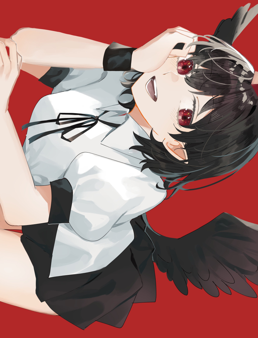 1girl :d absurdres bird_wings black_hair black_skirt black_wings black_wristband breasts collared_shirt commentary_request feathered_wings hand_on_own_face hat highres leaning_forward miniskirt open_mouth pleated_skirt pointy_ears pom_pom_(clothes) puffy_short_sleeves puffy_sleeves red_background red_eyes red_hat shameimaru_aya shirt short_hair short_sleeves simple_background skirt small_breasts smile solo tokin_hat toraneko_2 touhou white_shirt wings