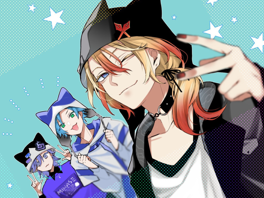 029jrr 3boys :3 animal_hat axel_syrios black_choker blonde_hair blue_background blue_eyes blue_hair blurry choker colored_eyelashes commentary depth_of_field green_eyes hair_between_eyes hat holostars holostars_english hood hoodie long_hair looking_at_viewer low_ponytail male_focus minase_rio multicolored_hair multiple_boys nail_polish one_eye_closed purple_hair red_nails redhead regis_altare short_hair simple_background slit_pupils smile star_(symbol) symbol-only_commentary two-tone_hair v violet_eyes virtual_youtuber