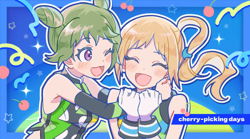 2girls :d ;d bare_shoulders blonde_hair blue_background cherry closed_eyes commentary_request cone_hair_bun double_bun facing_viewer food fruit fukuhara_ann gloves green_hair green_shirt hair_bun hands_up highres hug idol_clothes long_hair looking_at_another morizono_wakana multiple_girls one_eye_closed open_mouth outline pretty_rhythm pretty_rhythm_rainbow_live pretty_series shirt short_hair side_ponytail sleeveless sleeveless_shirt smile techimi upper_body violet_eyes white_gloves white_outline