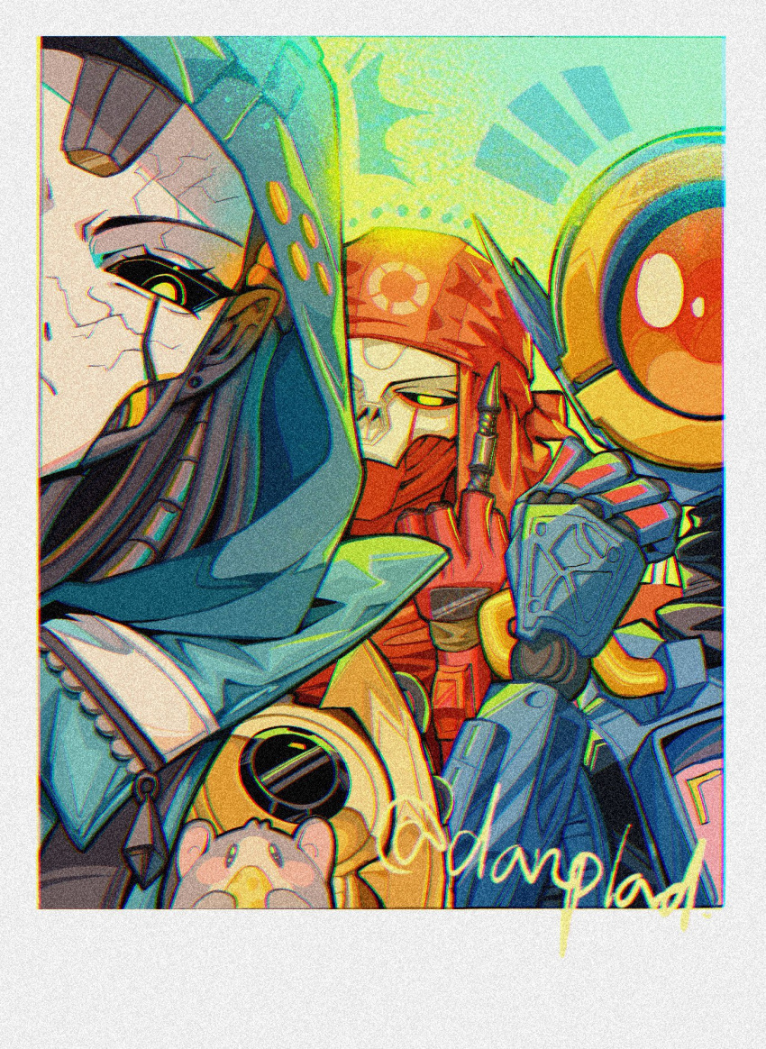 1girl 2boys animification apex_legends apex_legends:_pathfinder's_quest ash_(titanfall_2) bandana black_sclera chromatic_aberration classic_revenant clenched_hand colored_sclera cracked_skin film_grain frown highres hood hood_up humanoid_robot looking_at_viewer middle_finger mo_yu_youhai_jiankang mouse multiple_boys one-eyed orange_eyes pathfinder_(apex_legends) polaroid red_bandana red_scarf revenant_(apex_legends) robot scarf twitter_username yellow_eyes