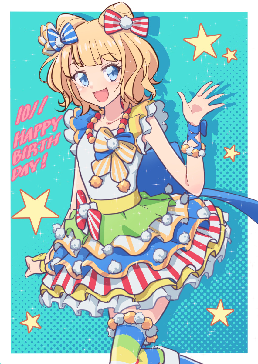 1girl :d absurdres blonde_hair blue_background blue_bow blue_eyes blunt_bangs bow cbgb cone_hair_bun cowboy_shot double_bun dress drop_shadow hair_bow hair_bun hand_up happy_birthday highres idol_clothes jewelry looking_at_viewer minami_mirei multicolored_clothes multicolored_dress necklace open_hand open_mouth outside_border pretty_series pripara red_bow short_hair smile solo star_(symbol) striped_clothes striped_thighhighs thigh-highs third-party_source