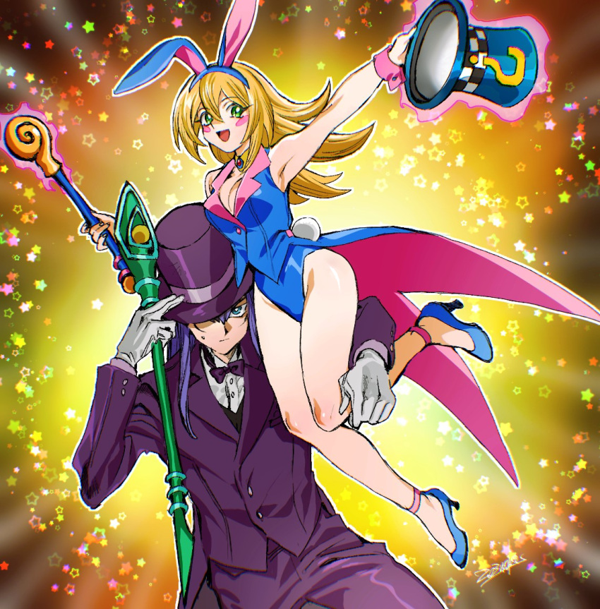 1boy 1girl 203wolves animal_ears bare_shoulders blonde_hair blue_eyes blue_footwear breasts closed_mouth dark_magician dark_magician_girl gloves green_eyes hat holding long_hair looking_at_viewer magic_trick magician open_mouth smile staff top_hat wand yu-gi-oh!