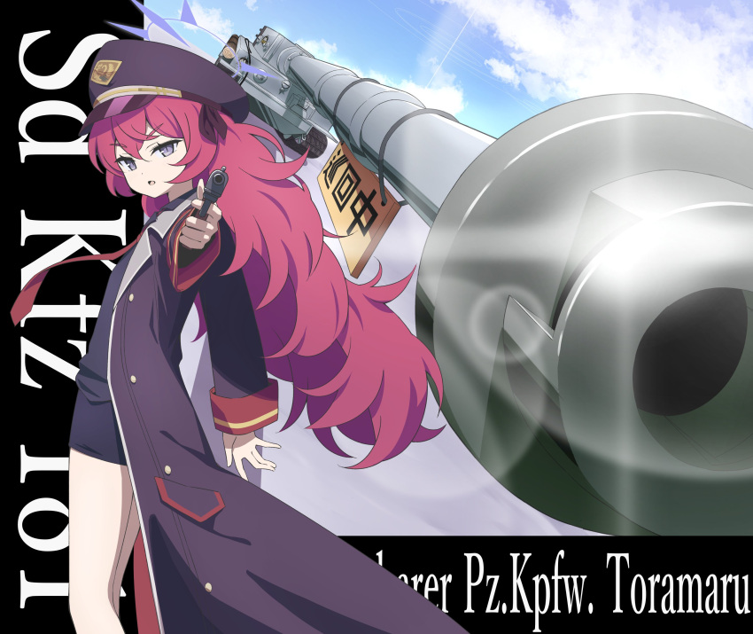 1girl absurdres aiming aiming_at_viewer aome812 black_coat black_hat black_shirt blue_archive blue_sky coat day grey_eyes gun hair_between_eyes halo handgun hat highres holding holding_gun holding_weapon iroha_(blue_archive) long_hair long_sleeves looking_at_viewer military_vehicle motor_vehicle open_clothes open_coat open_mouth peaked_cap purple_halo redhead shirt sky solo tank tank_turret tiger_i weapon