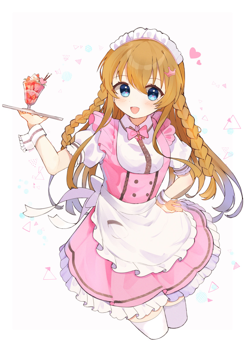 1girl absurdres alternate_costume apron blue_eyes blush bow bowtie brown_hair dress enmaided heart highres holding holding_tray idolmaster idolmaster_million_live! kousaka_umi long_braid looking_at_viewer maid maid_apron maid_headdress parfait pink_bow pink_bowtie pink_dress puffy_short_sleeves puffy_sleeves shishiodoshi short_sleeves smile solo thigh-highs tray triangle white_apron white_thighhighs wrist_cuffs zettai_ryouiki