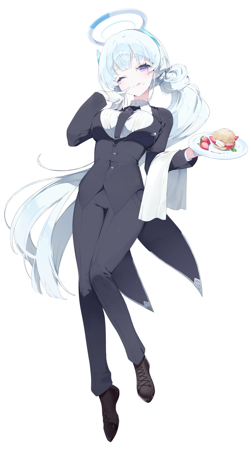 1girl ;p absurdres alternate_costume black_jacket black_necktie black_pants blue_archive blush butler crossdressing female_butler food food_on_face fruit full_body gloves grey_hair halo highres holding holding_tray jacket long_hair looking_at_viewer meunhongcha necktie noa_(blue_archive) one_eye_closed pants shirt solo strawberry tailcoat tongue tongue_out towel_on_arm tray very_long_hair white_gloves white_shirt