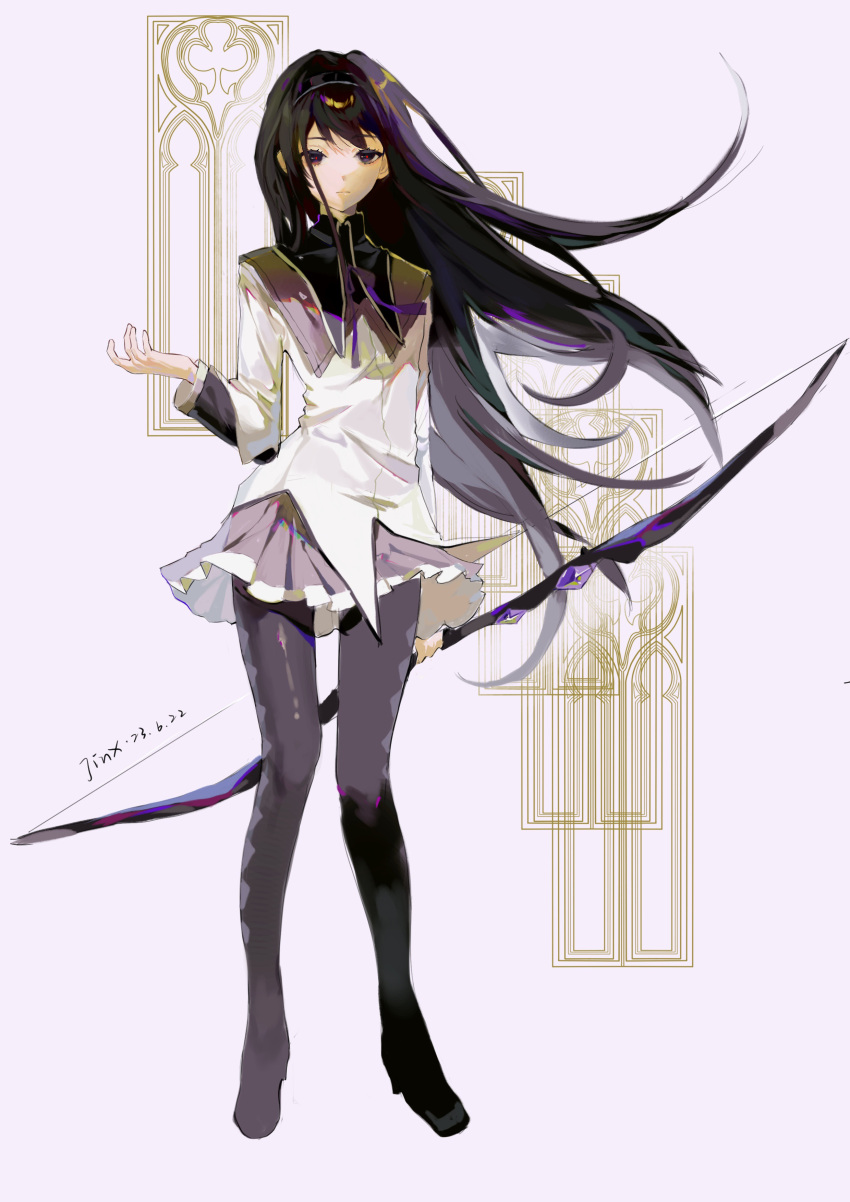 absurdres akemi_homura argyle_clothes argyle_legwear arm_at_side black_eyes black_hair black_hairband boots bow_(weapon) bright_pupils capelet chinese_commentary collared_capelet commentary_request dated expressionless floating_hair full_body gem hairband hand_up highres holding holding_bow_(weapon) holding_weapon jacket long_hair long_sleeves looking_at_viewer mahou_shoujo_madoka_magica mahou_shoujo_madoka_magica_(anime) mixed-language_commentary neck_ribbon pink_background purple_capelet purple_footwear purple_gemstone purple_ribbon purple_skirt red_pupils ribbon signature simple_background skirt standing thigh_boots weapon white_jacket yetainai_yetaishui