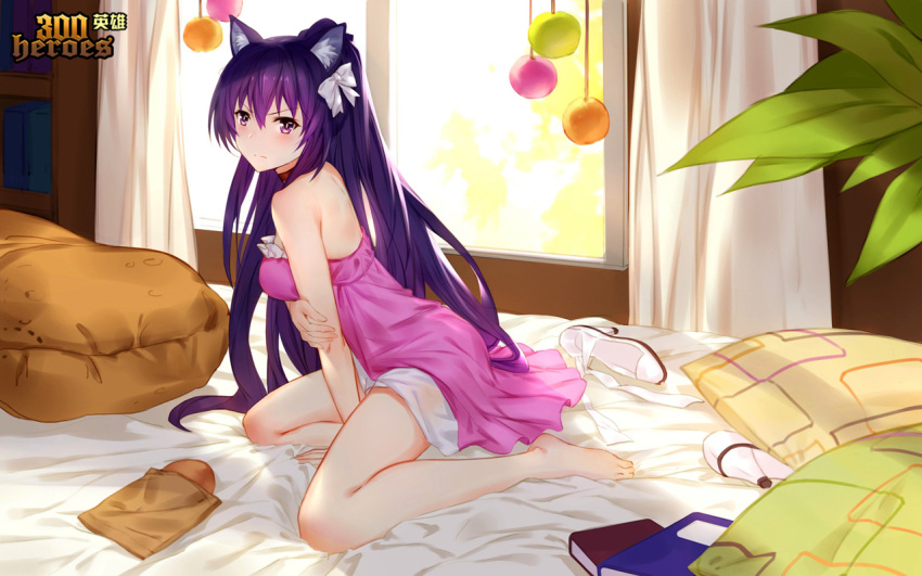 1girl 300_heroes animal_ears bed book bread breasts cat_ears curtains date_a_live dress food game_cg hair_dryer high_heels light long_hair looking_at_viewer medium_breasts morning nightgown official_art pillow plant purple_dress purple_hair solo thighs third-party_source violet_eyes yatogami_tooka