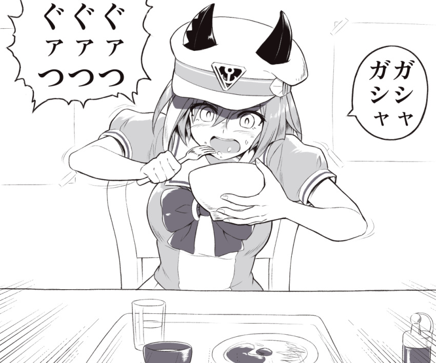 1girl animal_ears bow bowl cheval_grand_(umamusume) commentary_request ear_covers eating emphasis_lines greyscale hat holding holding_bowl horse_ears horse_girl monochrome pataneet peaked_cap plate puffy_short_sleeves puffy_sleeves sailor_collar school_uniform shirt short_sleeves sitting solo speech_bubble summer_uniform tracen_school_uniform translation_request umamusume