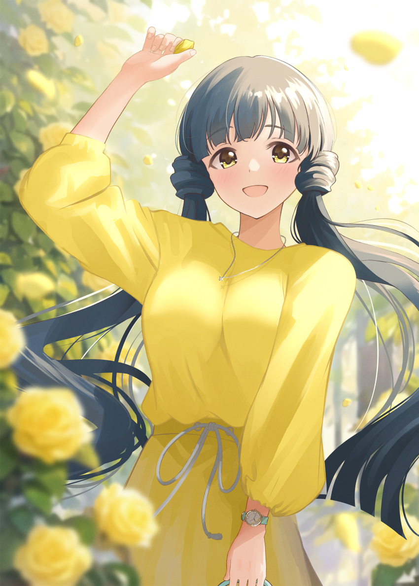1girl absurdres blunt_ends blush breasts falling_petals flower highres idolmaster idolmaster_million_live! kitakami_reika large_breasts long_hair long_sleeves looking_at_viewer paiki0517 petals rose shirt skirt smile solo t-shirt twintails very_long_hair watch yellow_dress yellow_eyes yellow_flower yellow_rose yellow_shirt yellow_skirt yellow_t-shirt