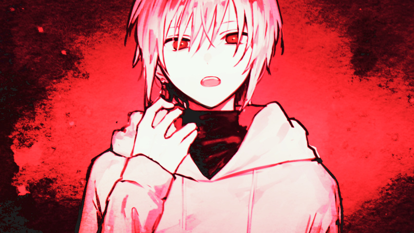1boy black_shirt commentary_request ear_piercing hood hoodie looking_at_viewer mochiosamu_ron open_mouth original piercing pink_background pink_eyes shirt short_hair upper_body white_hair white_hoodie