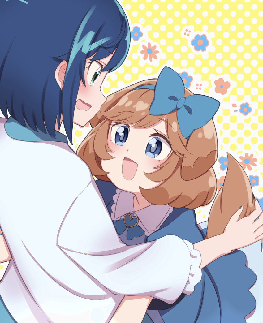 2girls animal_ears blue_bow blue_dress blue_hair blue_hairband bob_cut bow collared_dress commentary delicious_party_precure dog_ears dog_girl dog_tags dress fuwa_kokone green_eyes hair_bow hairband highres hug long_sleeves looking_at_another multiple_girls open_mouth pam-pam_(precure)_(human) precure shirt short_dress short_hair short_sleeves smile standing toon_(noin) white_shirt