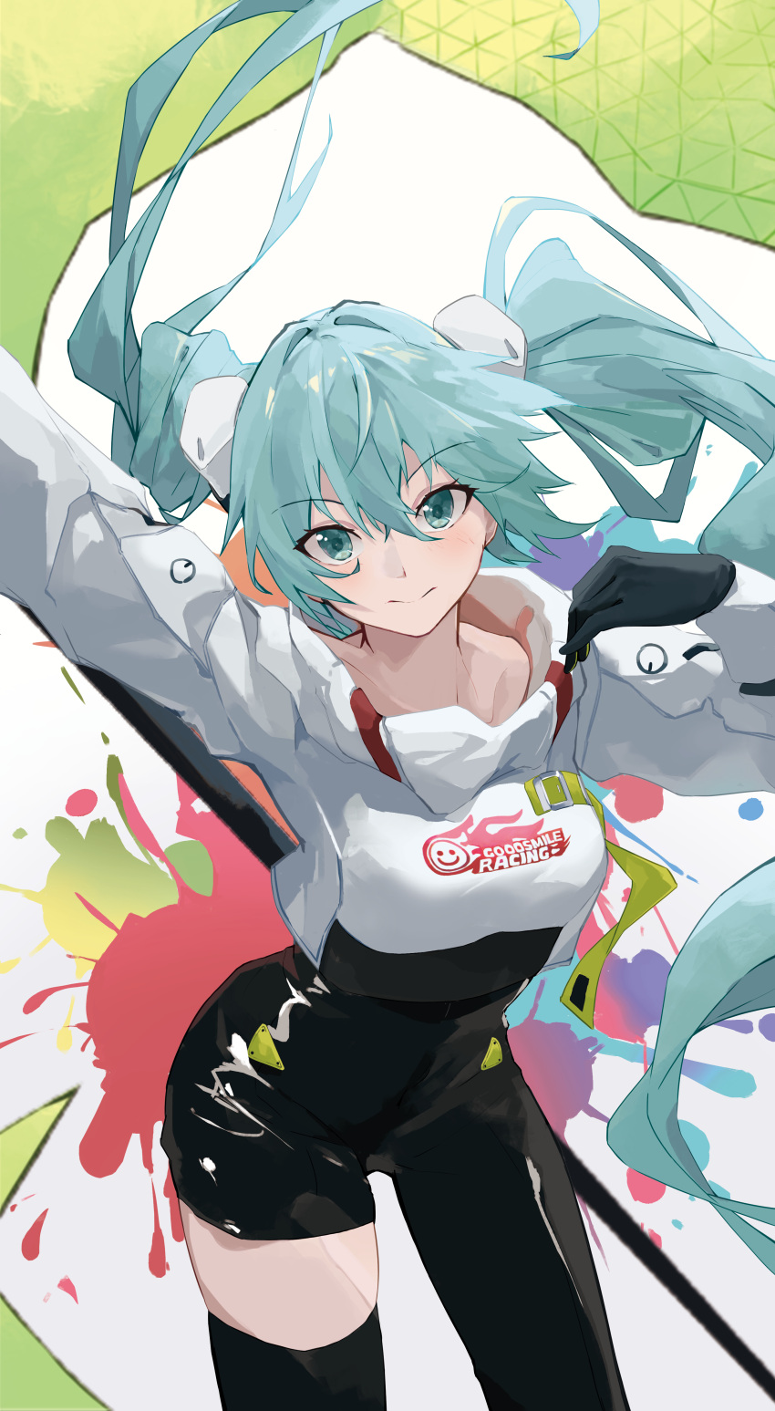 1569847238 1girl abstract_background absurdres aqua_eyes aqua_hair arm_up asymmetrical_legwear belt black_gloves black_thighhighs closed_mouth collarbone crop_top facing_viewer gloves goodsmile_racing hair_between_eyes hand_up hatsune_miku highres jacket jitome light_blush long_hair looking_at_viewer paint_splatter print_shirt racing_miku scrunchie shiny_clothes shirt single_thighhigh smile solo split_mouth thigh-highs twintails uneven_legwear very_long_hair vocaloid white_jacket white_scrunchie white_undershirt yellow_belt