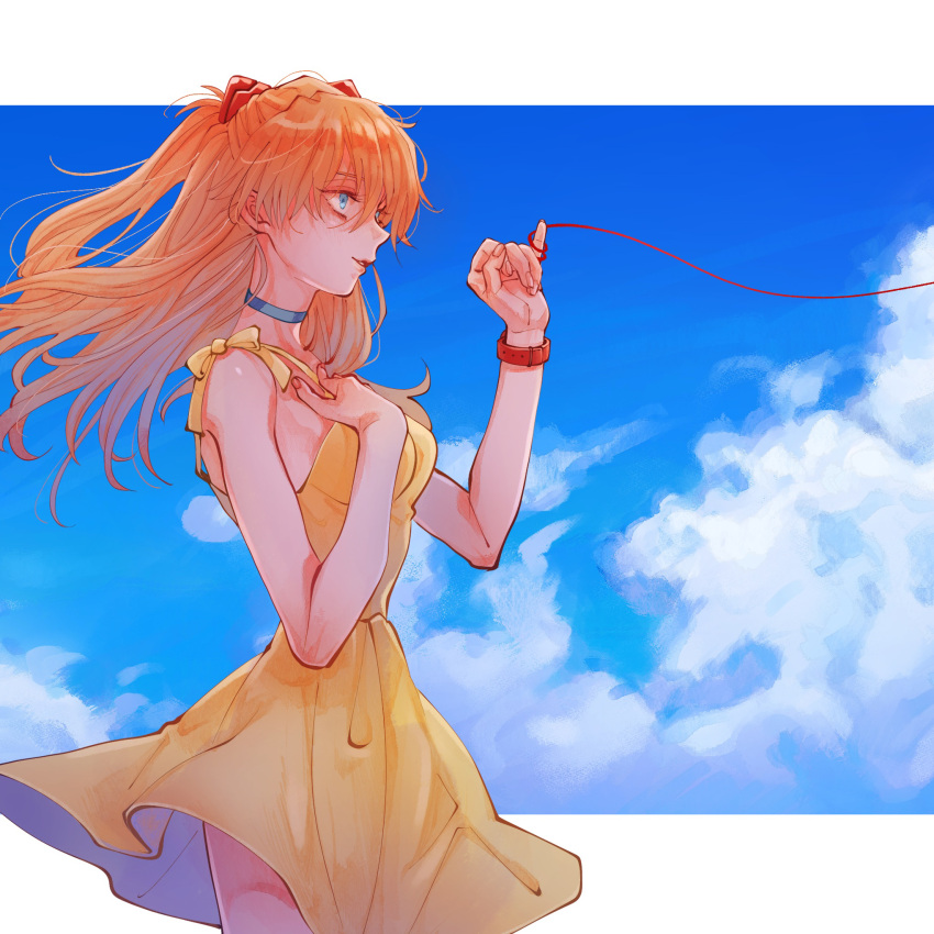 1girl blue_choker blue_eyes blue_sky choker clouds dress hand_on_own_chest highres long_hair looking_to_the_side matsuko_(mrimri3) neon_genesis_evangelion orange_hair sky solo souryuu_asuka_langley string string_around_finger string_of_fate watch watch yellow_dress