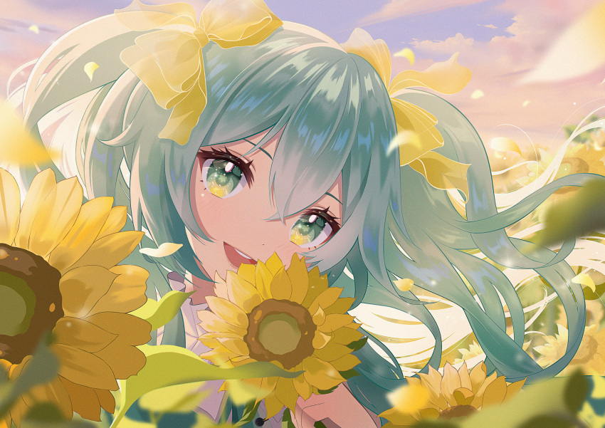 1girl :d absurdres aqua_eyes aqua_hair ava_illust bow close-up clouds cloudy_sky commentary_request eyelashes field floating_hair flower flower_field hair_between_eyes hair_bow hatsune_miku head_tilt highres holding holding_flower long_hair looking_at_viewer open_mouth outdoors shirt sidelocks sky smile solo sunflower sunset twintails vocaloid white_shirt yellow_bow yellow_flower yellow_petals