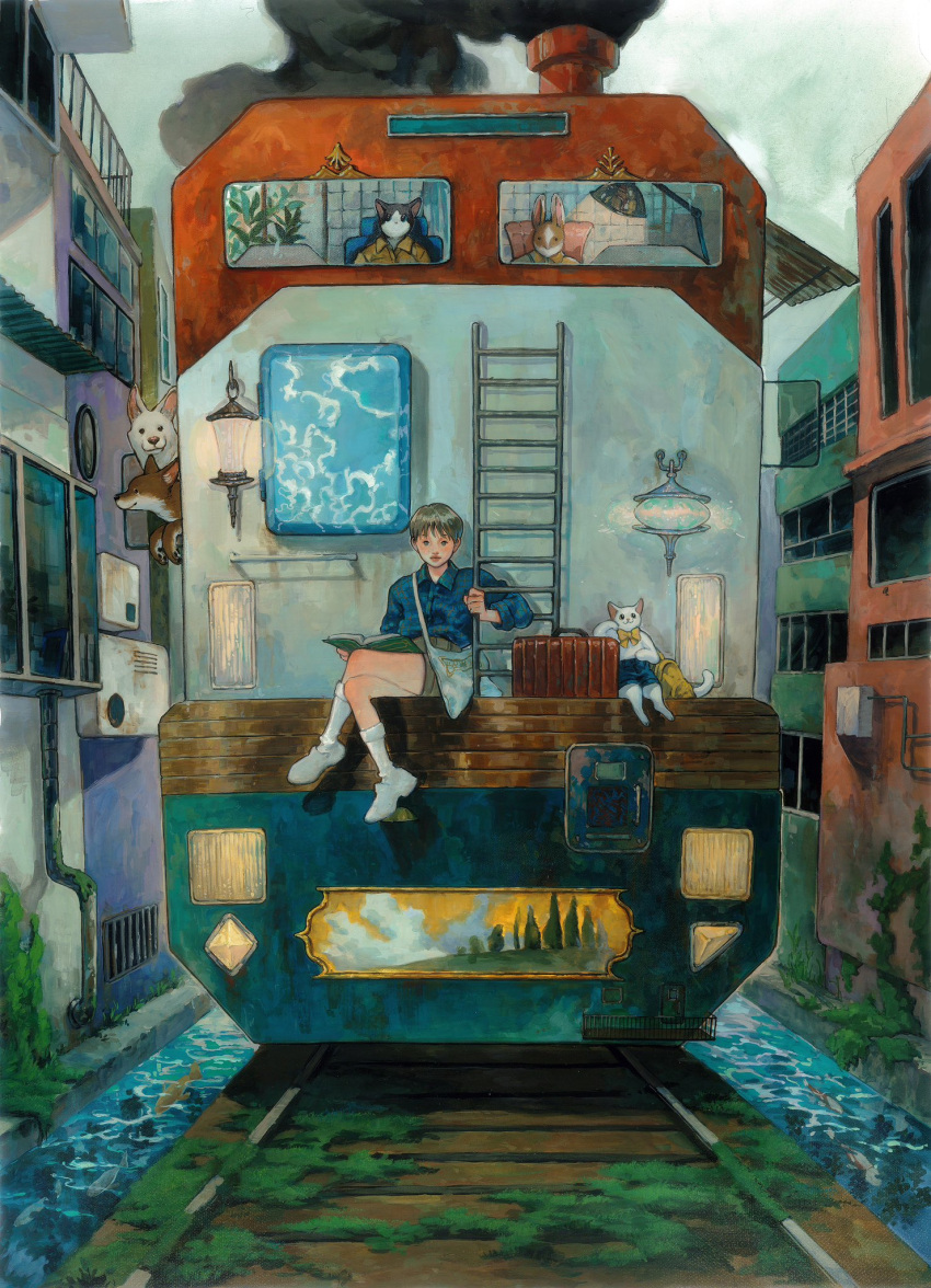 1boy air_conditioner animal bag blue_shirt blue_shorts book_on_lap boots bow bowtie brown_hair brown_shorts building cat chimney clothed_animal collared_shirt commentary_request crossed_legs day dog highres industrial_pipe knee_boots korean_commentary ladder lamp looking_at_viewer moss n0ma oil_painting_(medium) original outdoors overgrown painting_(medium) rabbit railing railroad_tracks scenery shirt short_hair shorts shoulder_bag sitting smoke suitcase traditional_media train water white_footwear wide_shot window yellow_bow yellow_bowtie