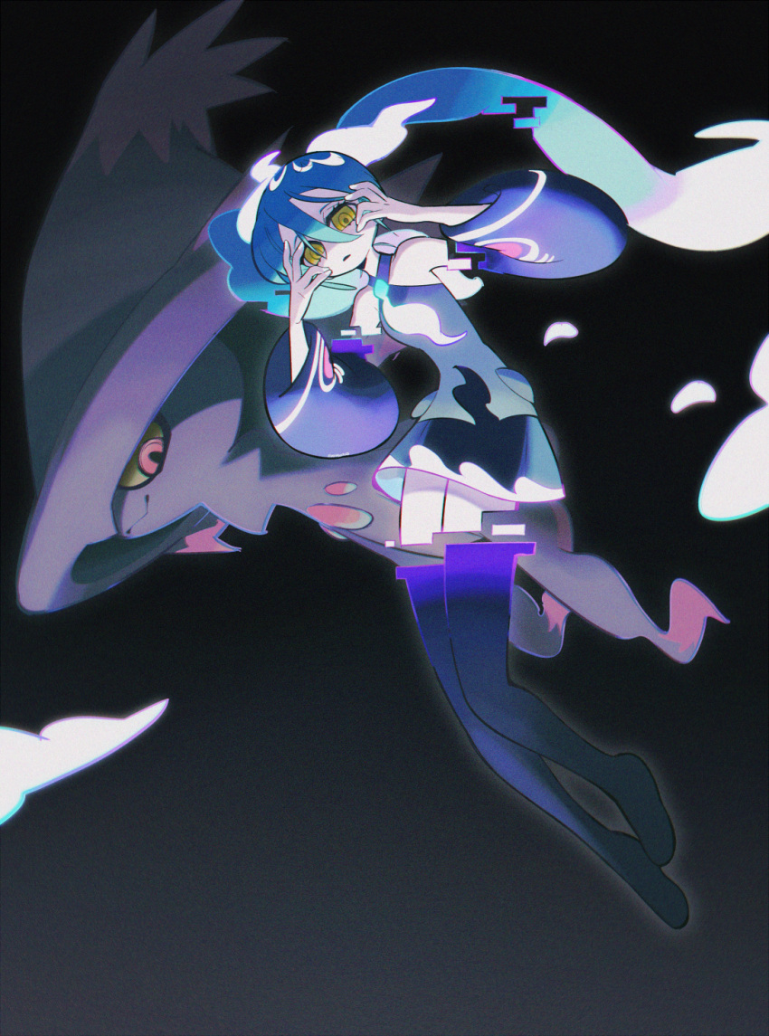 1girl bare_shoulders black_skirt black_sleeves black_thighhighs blue_hair detached_arm detached_legs film_grain full_body ghost_miku_(project_voltage) glitch glowing_neckwear grey_shirt hands_up hatsune_miku highres long_hair looking_at_viewer mismagius moonagvaze open_mouth pokemon project_voltage shirt skirt sleeveless sleeveless_shirt thigh-highs twintails vocaloid yellow_eyes