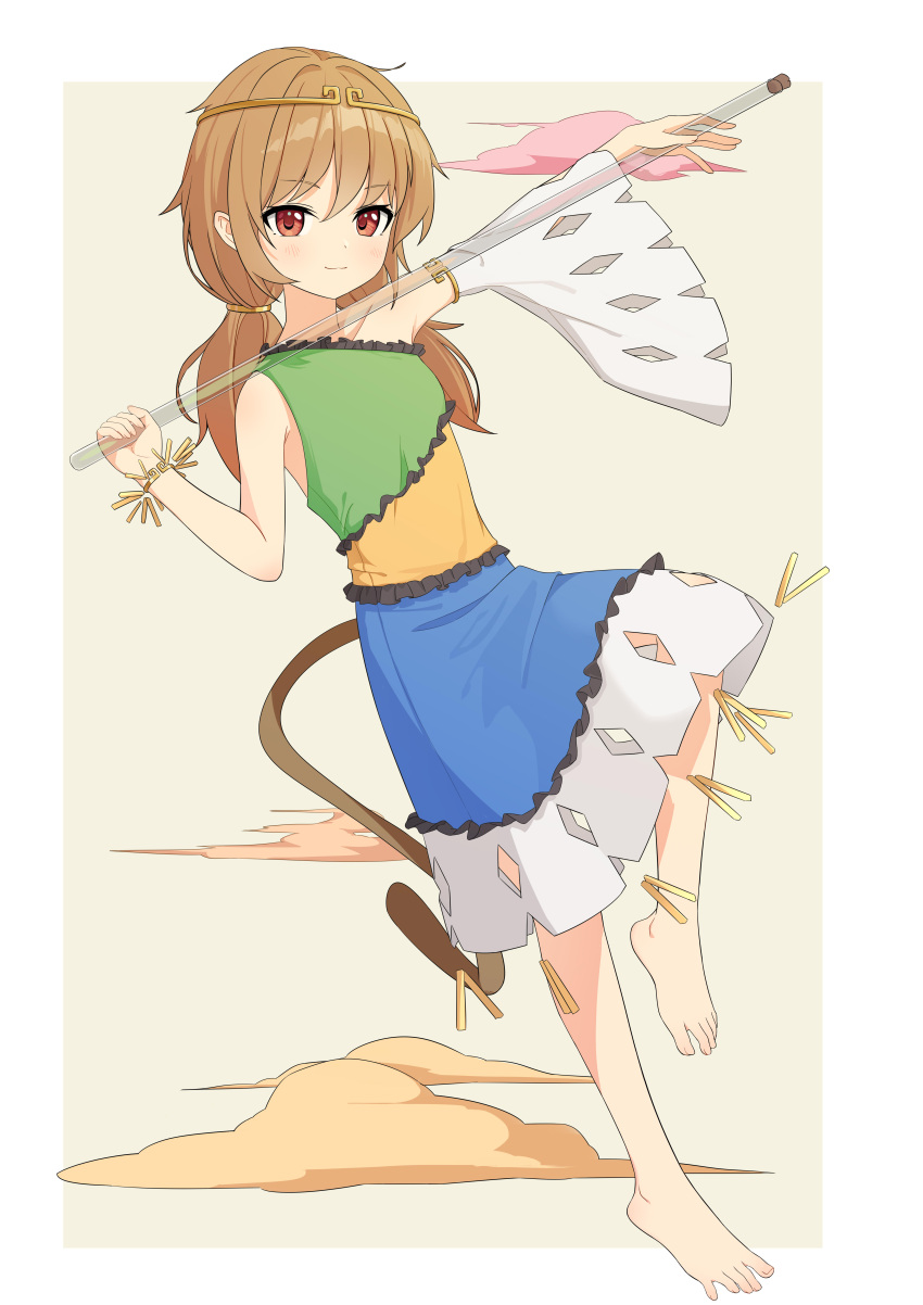 1girl :3 absurdres aqoot arms_up bare_shoulders barefoot blush border brown_hair brown_tail circlet closed_mouth clouds commentary_request detached_sleeves dress feet frilled_dress frills full_body hair_tie highres holding holding_staff long_hair looking_at_viewer low_twintails monkey_tail multicolored_clothes multicolored_dress outside_border pink_clouds red_eyes ruyi_jingu_bang single_detached_sleeve sleeveless sleeveless_dress solo son_biten staff standing standing_on_one_leg tail touhou twintails white_border white_sleeves wide_sleeves yellow_background yellow_clouds
