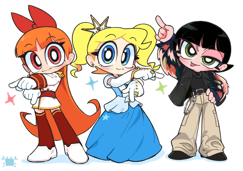 3girls black_hair blonde_hair blossom_(ppg) blue_eyes bubbles_(ppg) buttercup_(ppg) child full_body gloves green_eyes highres kim_crab long_hair long_sleeves looking_at_viewer multiple_girls orange_hair outstretched_arm pants powerpuff_girls red_eyes redhead simple_background smile standing tongue tongue_out white_background white_gloves