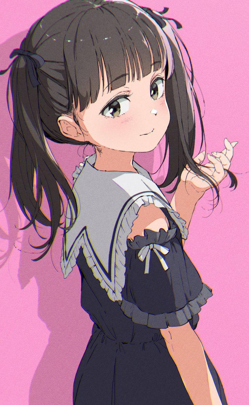 1girl black_dress blunt_bangs bow brown_eyes brown_hair commentary_request dress frills gomennasai hair_bow hand_in_own_hair highres long_hair looking_at_viewer looking_back original pink_background shadow short_sleeves smile solo twintails upper_body