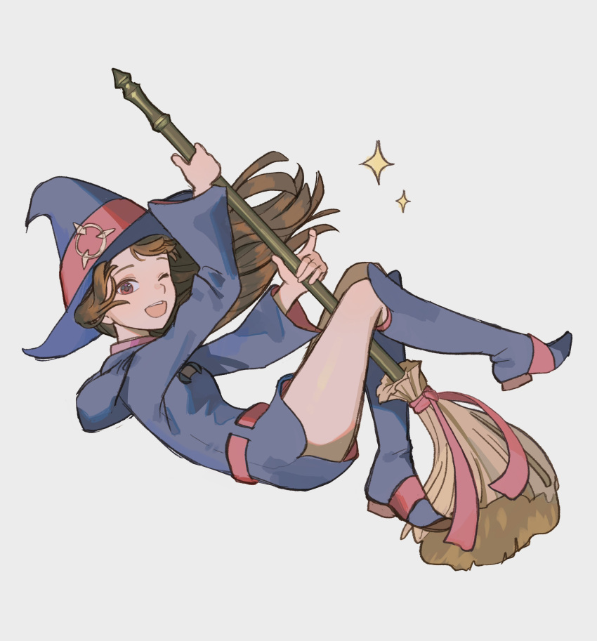 1girl absurdres boots broom broom_riding brown_eyes brown_hair diamond_(shape) dress floating_hair grey_background hat highres holding holding_broom kagari_atsuko knee_boots little_witch_academia long_hair looking_to_the_side luna_nova_school_uniform one_eye_closed open_mouth purple_dress purple_footwear purple_hat red_ribbon ribbon school_uniform simple_background solo teeth upper_teeth_only witch witch_hat wonemie