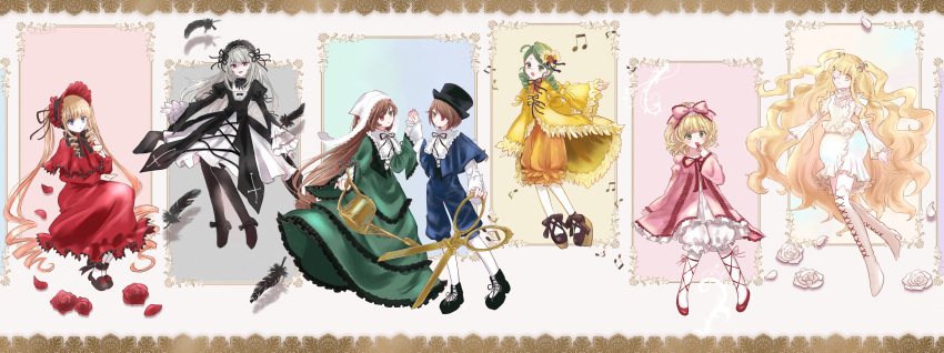 6+girls absurdres black_dress black_feathers blonde_hair bloomers blue_eyes blush bonnet boots bow brown_hair cape cup dress drill_hair feathers flower flower_over_eye food frilled_dress frilled_sleeves frills fruit full_body gothic_lolita green_dress green_eyes green_hair grey_hair hair_bow hair_ornament hairband hat head_scarf heterochromia highres hinaichigo holding holding_cup holding_hands holding_saucer holding_scissors holding_watering_can juliet_sleeves kanaria kirakishou kodona lolita_fashion lolita_hairband long_hair long_sleeves looking_at_viewer looking_to_the_side medium_hair multiple_girls musical_note open_mouth parted_lips petals pine_(pineapple5459) pink_bow pink_dress platform_footwear porkpie_hat puffy_sleeves red_cape red_dress red_eyes red_flower red_rose ringlets rose rozen_maiden saucer scissors shinku short_hair shorts siblings sisters smile souseiseki strawberry suigintou suiseiseki teacup thigh_boots twin_drills twintails very_long_hair watering_can wavy_hair white_bloomers white_dress white_flower white_rose yellow_dress yellow_eyes