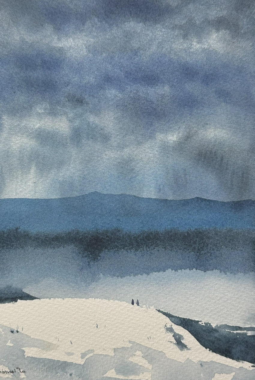 2others blue_sky cliff clouds cloudy_sky day highres mouen_tw mountain mountainous_horizon multiple_others original painting_(medium) scenery sky snow traditional_media watercolor_(medium)