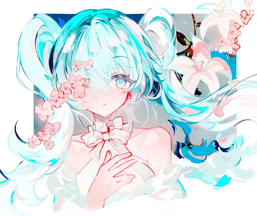 1girl ;o bare_shoulders blue_eyes blue_hair collarbone commentary_request dress flower hair_between_eyes hand_up hatsune_miku juexing_(moemoe3345) long_hair looking_at_viewer one_eye_closed parted_lips pink_flower sleeveless sleeveless_dress solo twintails upper_body vocaloid white_dress white_flower