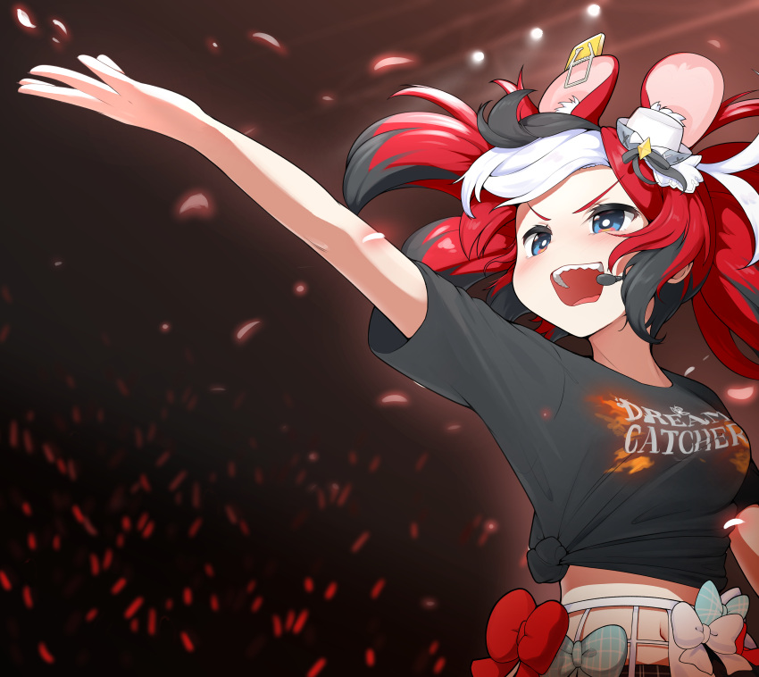 1girl absurdres animal_ears black_hair blue_eyes commentary english_commentary glowstick hakos_baelz hat highres hololive hololive_english microphone midriff mini_hat mouse_ears multicolored_hair navel open_mouth petals redhead shirt snowmya tied_shirt twintails virtual_youtuber white_hair