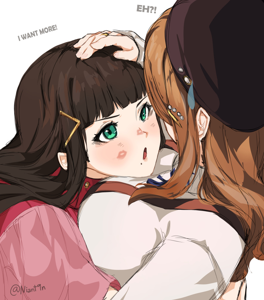 2girls black_hair breasts brown_hair brown_hat commentary english_commentary hair_ornament hairclip hand_on_another's_head highres hug jewelry kunikida_hanamaru kurosawa_dia large_breasts lipstick_mark long_hair love_live! love_live!_school_idol_project mole mole_under_mouth multiple_girls niant9n open_mouth pink_shirt ring shirt simple_background twitter_username upper_body white_background yuri