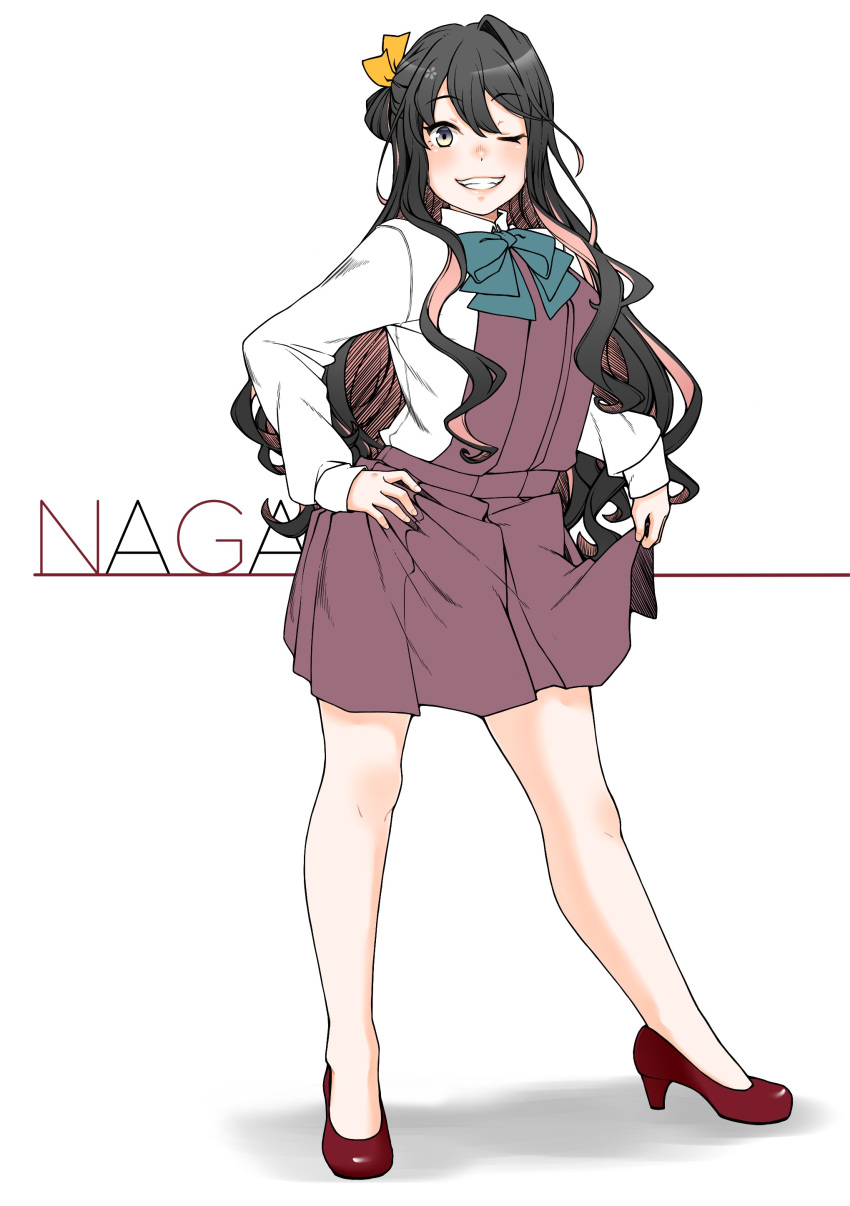 1girl absurdres aqua_bow aqua_bowtie bare_legs black_hair bow bowtie character_name collared_shirt colored_inner_hair dress dress_shirt full_body gradient_eyes grin hair_ribbon high_heels highres kantai_collection long_hair looking_at_viewer multicolored_eyes multicolored_hair naganami_(kancolle) one_eye_closed pink_hair pleated_dress purple_dress red_footwear ribbon school_uniform shirt simple_background skirt_hold smile solo tamaki. two-tone_hair wavy_hair white_background white_shirt yellow_ribbon