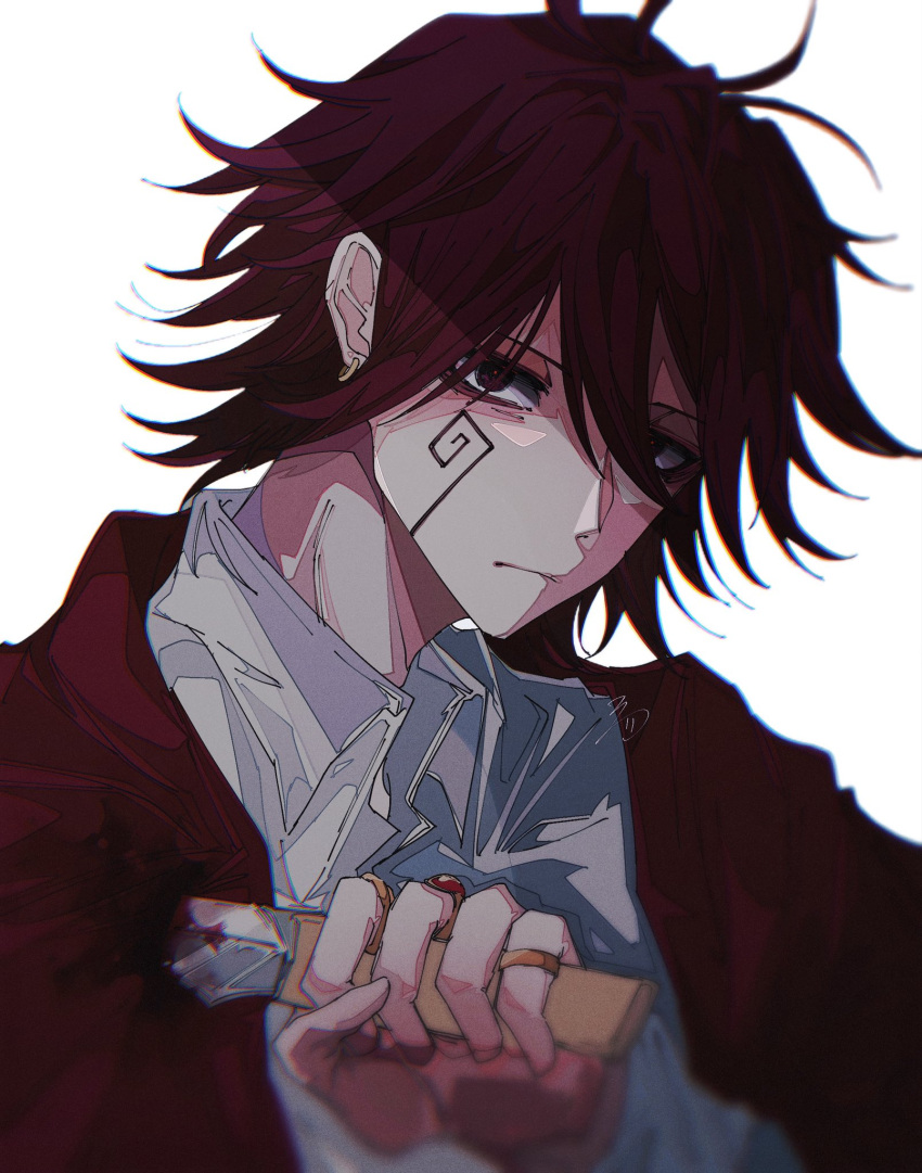 1boy blood blood_on_clothes carpaccio_luo-yang closed_mouth collared_shirt facial_mark highres jewelry knife mashle ni_(x_no_no_x) red_eyes red_robe redhead ring robe shirt short_hair solo spiky_hair stab upper_body white_background white_shirt