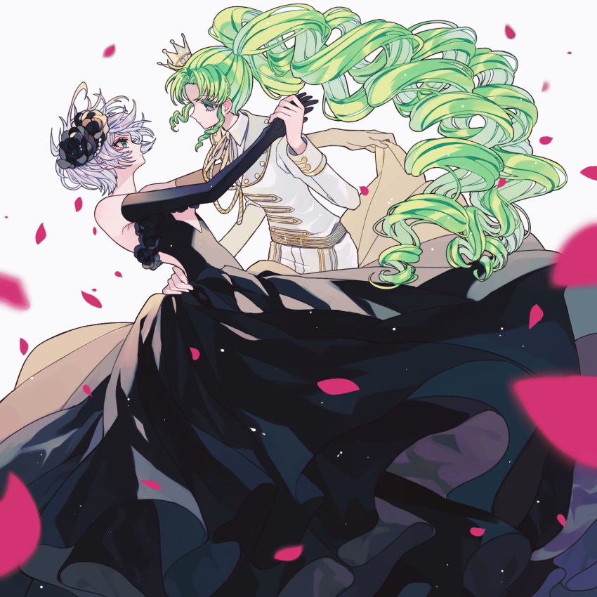 aiguillette ao_(ao0_0nemu) bad_id bad_twitter_id black_dress black_flower black_gloves black_pants closed_mouth commentary_request crown dress elbow_gloves falulu falulu_(awakened) flower gloves gold_trim green_eyes green_hair grey_eyes grey_hair hair_between_eyes hair_flower hair_ornament hands_on_another's_back highres holding_hands jacket leaning_back long_hair looking_at_another mini_crown neck_ribbon pants parted_bangs petals pretty_series pripara ribbon rose_petals shikyoin_hibiki short_hair sidelocks standing twintails very_long_hair white_background white_jacket