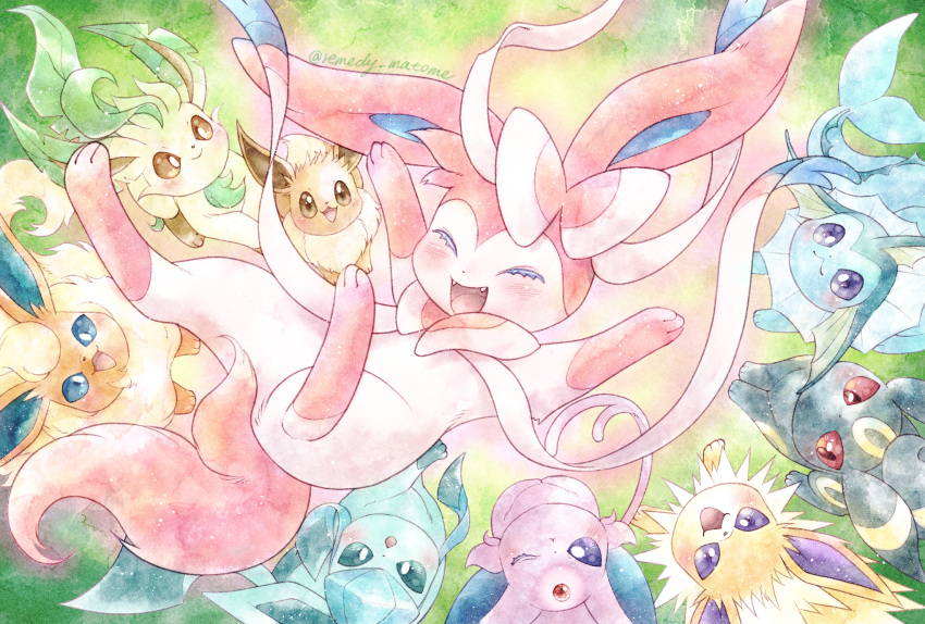 blue_eyes blush brown_eyes closed_eyes eevee espeon evolutionary_line fangs flareon fluffy forehead_jewel glaceon happy highres jolteon leafeon no_humans open_mouth pokemon pokemon_(creature) red_eyes remedy_matome ribbon sidelocks solo_focus sylveon umbreon vaporeon violet_eyes